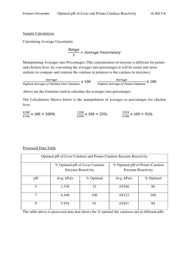 optimal ph for potato catalase The activity of potato catalase were inadequate to determine an exact optimal ph for the enzyme catalase to function to find the optimal ph. optimal ph for potato catalase The activity of potato catalase were inadequate to determine an exact optimal ph for the enzyme catalase to function to find the optimal ph.