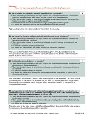 Reference:
   - Please visit http://designguide.office.aol.com/TheStandards/BrandingRequirements


23. Are form fields and interactive elements placed logically in the display?                               2
 -2 There are two major instances (or one major instance and several minor instances) where related
    interactive elements or form fields are not grouped together or do not flow logically.
 -1 There is one major instance (or several minor instances) where related interactive elements or form
    fields are not grouped together or do not flow logically.
  1 Related interactive elements and form fields are grouped together and flow logically.
  2 As above, plus the display layout is free of unnecessary controls and graphics.

Appropriate graphics have been used and the controls flow logically.



24. Are interactive elements easily recognizable with clear and strong affordances?                         -1
 -2 There are two major instances (or one major instance and several minor instances) where it’s not
    clear which elements are interactive.
 -1 There is one major instance (or several minor instances) where it’s not clear which elements are
    interactive.
  1 All interactive elements are easily recognizable.
  2 As above, plus the placement and design of interactive elements is consistent.

The “View Gallery” button offers visual affordance through it’s form, but an absence of the
rollover state creates confusion whether is a clickable object or not. Similar problem arises for
Search Button in “News Videos”.


25. Do interactive elements behave as expected?                                                             -1
 -2 There are two major instances (or one major instance and several minor instances) where interactive
    elements do not behave as expected.
 -1 There is one major instance (or several minor instances) where interactive elements do not behave
    as expected.
  1 All interactive elements behave as expected.
  2 As above, plus the behavior of interactive elements exceeds user expectations by saving time or
    otherwise adding value.

The “Must Read: Thumbs Up /Thumbs Down” link navigates to the post itself. The “More Photos”
button navigates to Pixcetera.com whereas the “<<” and “>>” buttons pop-up an image gallery.
The experience on the same media (images) differs and so the behavior of the controls is
unexpected by the user.


26. Are hyperlinks formatted correctly with underlines appearing on rollover, correct color and
visited states? (Blues, such as hex 2864B4 for light backgrounds, 96DCFA for dark backgrounds               -2
and D2B4DC for visited links works well on 90% of our sites.)
  -2 There are two major instances (or one major instance and several minor instances) where hyperlinks
     are formatted incorrectly.
  -1 There is one major instance (or several minor instances) where hyperlinks are formatted incorrectly.
   1 All hyperlinks are formatted correctly.
   2 As above, and all linked text is easy to understand.
The color code for the links varies a lot (different hues of blue). Even text-style for links varies on
few occasions. No visited states exist for hyperlinks.


 This checklist was created using best practices from Forrester and AOL Interactive Design.      Page 8 of 14
 