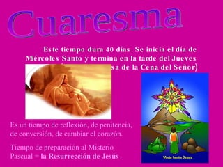 Cuaresma Este tiempo dura 40 días. Se inicia el día de Miércoles Santo y termina en la tarde del Jueves Santo (antes de la Misa de la Cena del Señor) Es un tiempo de reflexión, de penitencia, de conversión, de cambiar el corazón. Tiempo de preparación al Misterio Pascual =  la Resurrección de Jesús   