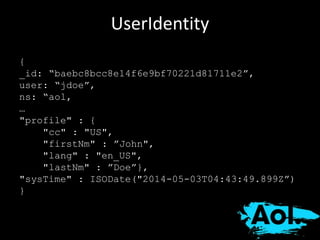 UserIdentity 
{ 
_id: “baebc8bcc8e14f6e9bf70221d81711e2”, 
user: “jdoe”, 
ns: “aol, 
… 
"profile" : { 
"cc" : "US", 
"firstNm" : ”John", 
"lang" : "en_US", 
"lastNm" : ”Doe”}, 
"sysTime" : ISODate("2014-05-03T04:43:49.899Z”) 
} 
 