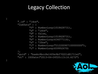 Legacy Collection 
{ 
"_id" : ”jdoe", 
”subData" : { 
"f" : NumberLong(1018628731), 
"g" : ”jdoe", 
"d" : false, 
"e" : NumberLong(1018628731), 
"b" : NumberLong(434077116), 
"a" : ”JDoe", 
"l" : NumberLong("212200907100000000"), 
"i" : NumberLong(659952670) 
}, 
”guid" : "baebc8bcc8e14f6e9bf70221d81711e2", 
"st" : ISODate("2013-06-24T20:13:16.627Z") 
} 
 