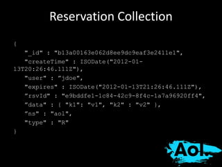 Reservation Collection 
{ 
"_id" : "b13a00163e062d8ee9dc9eaf3e2411e1", 
"createTime" : ISODate("2012-01- 
13T20:26:46.111Z"), 
"user" : ”jdoe", 
"expires" : ISODate("2012-01-13T21:26:46.111Z"), 
”rsvId" : "e9bddfe1-1c84-42c9-8f4c-1a7a96920ff4", 
”data" : { "k1": "v1", "k2" : "v2" }, 
”ns" : "aol", 
"type" : "R" 
} 
 