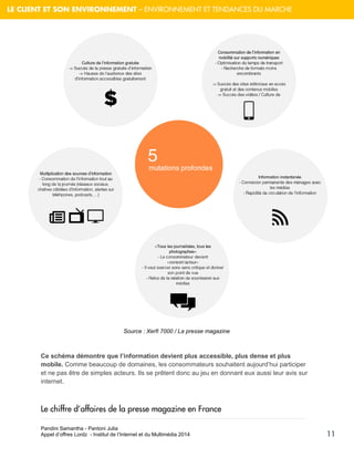 Pandini Samantha - Pantoni Julia 
Appel d’offres Lordz - Institut de l’Internet et du Multimédia 2014 
11 
LE CLIENT ET SON ENVIRONNEMENT – ENVIRONNEMENT ET TENDANCES DU MARCHE 
Source : Xerfi 7000 / La presse magazine 
Ce schéma démontre que l’information devient plus accessible, plus dense et plus mobile. Comme beaucoup de domaines, les consommateurs souhaitent aujourd’hui participer et ne pas être de simples acteurs. Ils se prêtent donc au jeu en donnant eux aussi leur avis sur internet. 
Le chiffre d’affaires de la presse magazine en France  