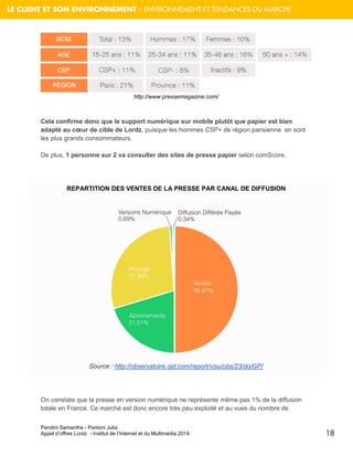 Pandini Samantha - Pantoni Julia 
Appel d’offres Lordz - Institut de l’Internet et du Multimédia 2014 
18 
LE CLIENT ET SON ENVIRONNEMENT – ENVIRONNEMENT ET TENDANCES DU MARCHE 
http://www.pressemagazine.com/ 
Cela confirme donc que le support numérique sur mobile plutôt que papier est bien adapté au coeur de cible de Lordz, puisque les hommes CSP+ de région parisienne en sont les plus grands consommateurs. 
De plus, 1 personne sur 2 va consulter des sites de presse papier selon comScore. 
REPARTITION DES VENTES DE LA PRESSE PAR CANAL DE DIFFUSION 
Source : http://observatoire.ojd.com/report/visu/obs/23/do/GP/ 
On constate que la presse en version numérique ne représente même pas 1% de la diffusion totale en France. Ce marché est donc encore très peu exploité et au vues du nombre de  