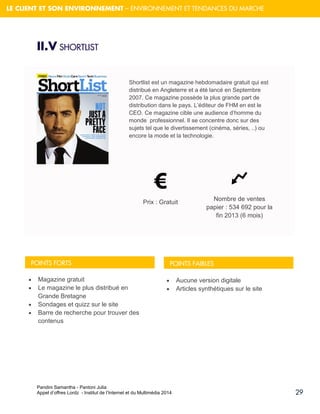 Pandini Samantha - Pantoni Julia 
Appel d’offres Lordz - Institut de l’Internet et du Multimédia 2014 
29 
LE CLIENT ET SON ENVIRONNEMENT – ENVIRONNEMENT ET TENDANCES DU MARCHE 
II.V SHORTLIST 
Shortlist est un magazine hebdomadaire gratuit qui est distribué en Angleterre et a été lancé en Septembre 2007. Ce magazine possède la plus grande part de distribution dans le pays. L’éditeur de FHM en est le CEO. Ce magazine cible une audience d’homme du monde professionnel. Il se concentre donc sur des sujets tel que le divertissement (cinéma, séries, ..) ou encore la mode et la technologie. 
Prix : Gratuit Nombre de ventes papier : 534 692 pour la fin 2013 (6 mois) 
Magazine gratuit 
Le magazine le plus distribué en Grande Bretagne 
Sondages et quizz sur le site 
Barre de recherche pour trouver des contenus 
Aucune version digitale 
Articles synthétiques sur le site 
POINTS FORTS 
POINTS FAIBLES  