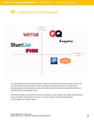Pandini Samantha - Pantoni Julia 
Appel d’offres Lordz - Institut de l’Internet et du Multimédia 2014 
32 
LE CLIENT ET SON ENVIRONNEMENT – ENVIRONNEMENT ET TENDANCES DU MARCHE 
IV. MAPPING DES ACTEURS DU MARCHE 
Ce mapping démontre que les magazines masculins sont aujourd’hui très présents, que ce soit au niveau de leur communication, mais aussi dans l’esprit de la population, du fait de leur présence depuis de nombreuses années. Cet axe de communication et de visibilité est donc à approfondir pour le magazine Lordz. Concernant l’aspect interactif de la version numérique, Lordz possède une valeur ajoutée face à ses concurrents, et se doit de continuer à creuser cet écart. Il est donc essentiel de communiquer sur cet atout majeur.  