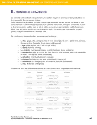 Pandini Samantha - Pantoni Julia 
Appel d’offres Lordz - Institut de l’Internet et du Multimédia 2014 
62 
SOLUTION DE STRATEGIR MARKETING – LA STRATEGIE MISE EN OEUVRE 
II. SPONSORING SUR FACEBOOK 
La publicité sur Facebook est également un excellent moyen de promouvoir son produit tout en la proposant à des personnes ciblées. Cette méthode de promotion possède un avantage essentiel, elle est encore très jeune et peu concurrentielle. Cette méthode repose sur un système d’enchères, ainsi plus on investit, plus on a de chances d’être visible, mais le fait de cibler au maximum permet d’être visible facilement. Ainsi, face à d’autres solutions comme Adwords où la concurrence est plus encrée, on peut promouvoir plus facilement et à moindre coût. 
De nombreux critères entrent en jeu concernant le ciblage : ● Le lieu (pays, ville, voire province et code postal pour 7 pays : Etats-Unis, Canada, Royaume-Unis, Australie, Brésil, Japon et Espagne) ● L’âge (plage à partir de 13 ans ou âge exact) ● Le sexe (homme, femme) ● Les intérêts (rubriques précises, ou intérêts élargis à une catégorie) ● La connexion (tout le monde, les fans, les non fans ou toute personne connectée ou non à l’une de vos autres présences) ● La situation (intérêt, situation amoureuse) ● La langue (globalement, ou avec une distinction par pays) ● La formation (au collège/lycée, à l’université, diplômé d’université) ● Le lieu de travail (entreprise) 
Ci-dessous, voici les différentes solutions de promotion qui sont proposées sur Facebook : 
 
