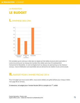 Pandini Samantha - Pantoni Julia 
Appel d’offres Lordz - Institut de l’Internet et du Multimédia 2014 
73 
LA REALISATION – LE BUDGET 
LA REAISATION 
LE BUDGET 
I. SYNTHESE DES CPM 
On constate que le coût pour mille dans le digital est très faible et pourra donc permettre à Lordz de promouvoir sa marque de manière très ciblée sans trop d’investissement. Concernant la Newsletter, le coût est légèrement au-dessus du sponsoring sur les réseaux sociaux, mais la fidélisation est essentielle dans la démarche de création d’une communauté. 
II. BUDGET POUR L’ANNEE FISCALE 2014 
Pour le budget que nous avons défini, nous avons réalisé une grille tarifaire pour chaque métier. Voir page 80 en annexe. 
Ci-dessous, le budget pour l’année fiscale 2014 à compter du 1er Juillet 
 