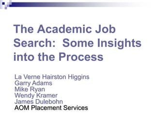 The Academic Job
Search: Some Insights
into the Process
La Verne Hairston Higgins
Garry Adams
Mike Ryan
Wendy Kramer
James Dulebohn
AOM Placement Services
 