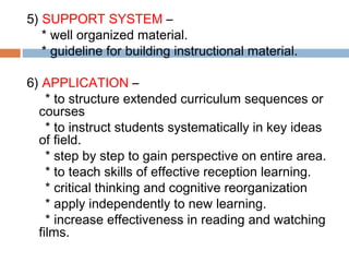 5) SUPPORT SYSTEM – 
* well organized material. 
* guideline for building instructional material. 
6) APPLICATION – 
* to structure extended curriculum sequences or 
courses 
* to instruct students systematically in key ideas 
of field. 
* step by step to gain perspective on entire area. 
* to teach skills of effective reception learning. 
* critical thinking and cognitive reorganization 
* apply independently to new learning. 
* increase effectiveness in reading and watching 
films. 
