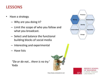 LESSONS

• Have a strategy.
   – Why are you doing it?
   – Limit the scope of who you follow and
     what you broadcast.
   – Select and balance the functional
     building blocks of social media
   – Interesting and experimental
   – Have lists


    “Do or do not… there is no try.”
    Yoda

                                  http://www.onetwobrick.net/
 