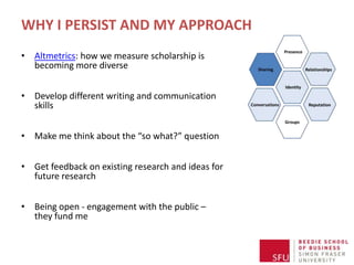WHY I PERSIST AND MY APPROACH
• Altmetrics: how we measure scholarship is
  becoming more diverse


• Develop different writing and communication
  skills


• Make me think about the “so what?” question


• Get feedback on existing research and ideas for
  future research


• Being open - engagement with the public –
  they fund me
 