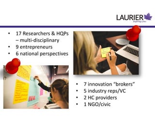 • 17 Researchers & HQPs
– multi-disciplinary
• 9 entrepreneurs
• 6 national perspectives
• 7 innovation “brokers”
• 5 industry reps/VC
• 2 HC providers
• 1 NGO/civic
 