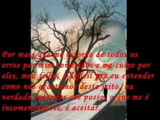 Por mais que me recorde de todos os erros por mim cometidos e me culpe por eles, meu filho, é difícil pra eu entender como nos afastamos deste jeito, na verdade entender até posso, o que me é incomensurável, é aceitar. 