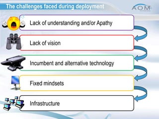 Lack of understanding and/or ApathyLack of visionIncumbent and alternative technologyFixed mindsetsInfrastructureThe challenges faced during deployment