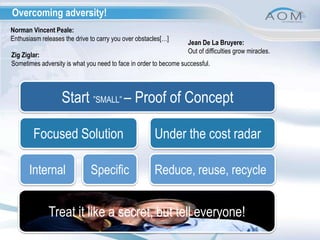 Overcoming adversity!Norman Vincent Peale: Enthusiasm releases the drive to carry you over obstacles[…]Jean De La Bruyere:Out of difficulties grow miracles.ZigZiglar:Sometimes adversity is what you need to face in order to become successful.Start ”SMALL” – Proof of ConceptFocused SolutionUnder the cost radarInternalSpecificReduce, reuse, recycleTreat it like a secret, but tell everyone!