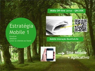 Mídia Off-line Jornal - QRCODE




Estratégia
Mobile 1
Envolver
Idealizar                    Mobile interação BeutifulLife
Levar os clientes ao Stand




                                             Site Mobile
                                              + Aplicativo
 