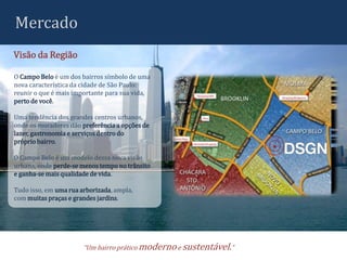 Mercado
Visão da Região

O Campo Belo é um dos bairros símbolo de uma
nova característica da cidade de São Paulo:
reunir o que é mais importante para sua vida,
perto de você.

Uma tendência dos grandes centros urbanos,
onde os moradores dão preferência a opções de
lazer, gastronomia e serviços dentro do
próprio bairro.

O Campo Belo é um modelo dessa nova visão
urbana, onde perde-se menos tempo no trânsito
e ganha-se mais qualidade de vida.

Tudo isso, em uma rua arborizada, ampla,
com muitas praças e grandes jardins.




                       “Um bairro prático moderno e sustentável.”
 