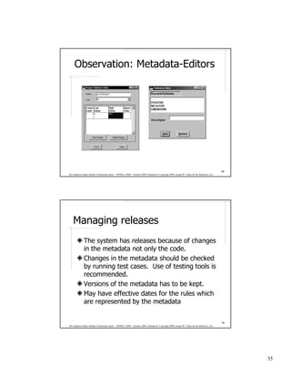 Observation: Metadata-Editors




                                                                                                                                              69
The Adaptive Object-Model Architecture Style – OOPSLA 2009 – October 2009, Orlando FL Copyright 2009, Joseph W. Yoder & The Refactory, Inc.




    Managing releases
              The system has releases because of changes
              in the metadata not only the code.
              Changes in the metadata should be checked
              by running test cases. Use of testing tools is
              recommended.
              Versions of the metadata has to be kept.
              May have effective dates for the rules which
              are represented by the metadata


                                                                                                                                              70
The Adaptive Object-Model Architecture Style – OOPSLA 2009 – October 2009, Orlando FL Copyright 2009, Joseph W. Yoder & The Refactory, Inc.




                                                                                                                                                   35
 