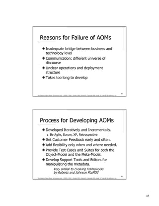 Reasons for Failure of AOMs
              Inadequate bridge between business and
              technology level
              Communication: different universe of
              discourse
              Unclear operations and deployment
              structure
              Takes too long to develop



                                                                                                                                              89
The Adaptive Object-Model Architecture Style – OOPSLA 2009 – October 2009, Orlando FL Copyright 2009, Joseph W. Yoder & The Refactory, Inc.




    Process for Developing AOMs
              Developed Iteratively and Incrementally.
                     Be Agile, Scrum, XP, Retrospective
              Get Customer Feedback early and often.
              Add flexibility only when and where needed.
              Provide Test Cases and Suites for both the
              Object-Model and the Meta-Model.
              Develop Support Tools and Editors for
              manipulating the metadata.
                            Very similar to Evolving Frameworks
                            by Roberts and Johnson PLoPD3
                                                                                                                                              90
The Adaptive Object-Model Architecture Style – OOPSLA 2009 – October 2009, Orlando FL Copyright 2009, Joseph W. Yoder & The Refactory, Inc.




                                                                                                                                                   45
 