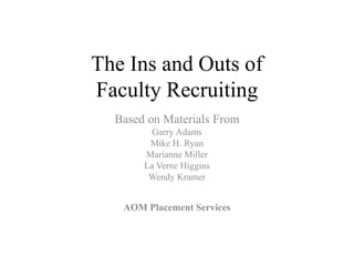 The Ins and Outs of
Faculty Recruiting
Based on Materials From
Garry Adams
Mike H. Ryan
Marianne Miller
La Verne Higgins
Wendy Kramer
AOM Placement Services
 