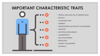 IMPORTANT CHARACTERISTIC TRAITS
◦ CRITICAL AND ANALYTICAL THINKING SKILLS
◦ EMPHATY
◦ COMMUNICATION
◦ FLEXIBILITY
◦ ORGANIZATION AND PROJECT MANAGEMENT
◦ CREATIVITY
◦ EMOTIONAL INTELLIGENCE
◦ ADMINISTRATIVE
◦ TIME MANAGEMENT
◦ DEDICATION
◦ HONESTY AND INTEGRITY
◦ TECHNICAL
 
