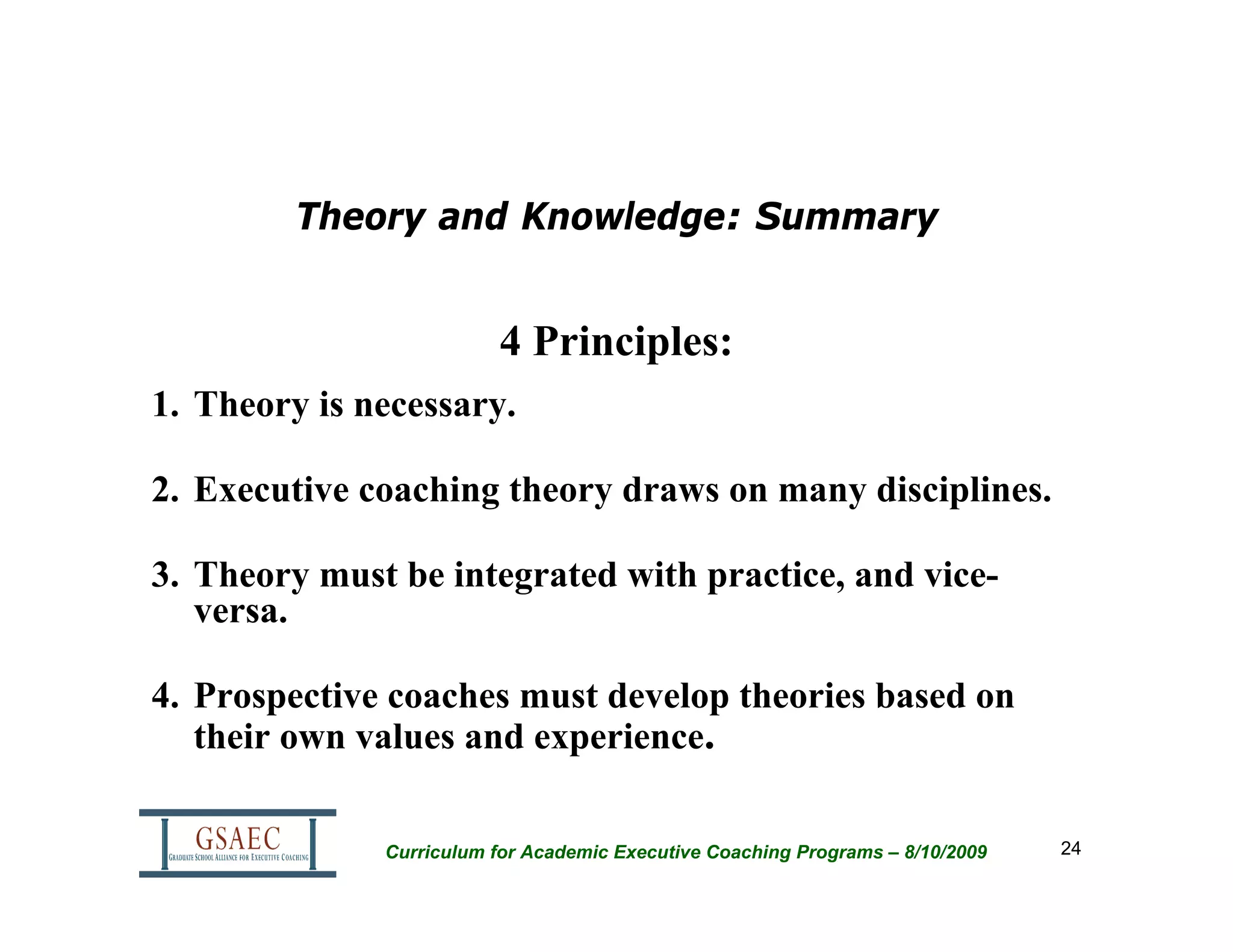 Theory and Knowledge: Summary


                          4 Principles:
1. Theory is necessary.

2. Executive coaching theory draws on many disciplines.

3. Theory must be integrated with practice, and vice-
   versa.

4. Prospective coaches must develop theories based on
   their own values and experience.

              Curriculum for Academic Executive Coaching Programs – 8/10/2009   24
 