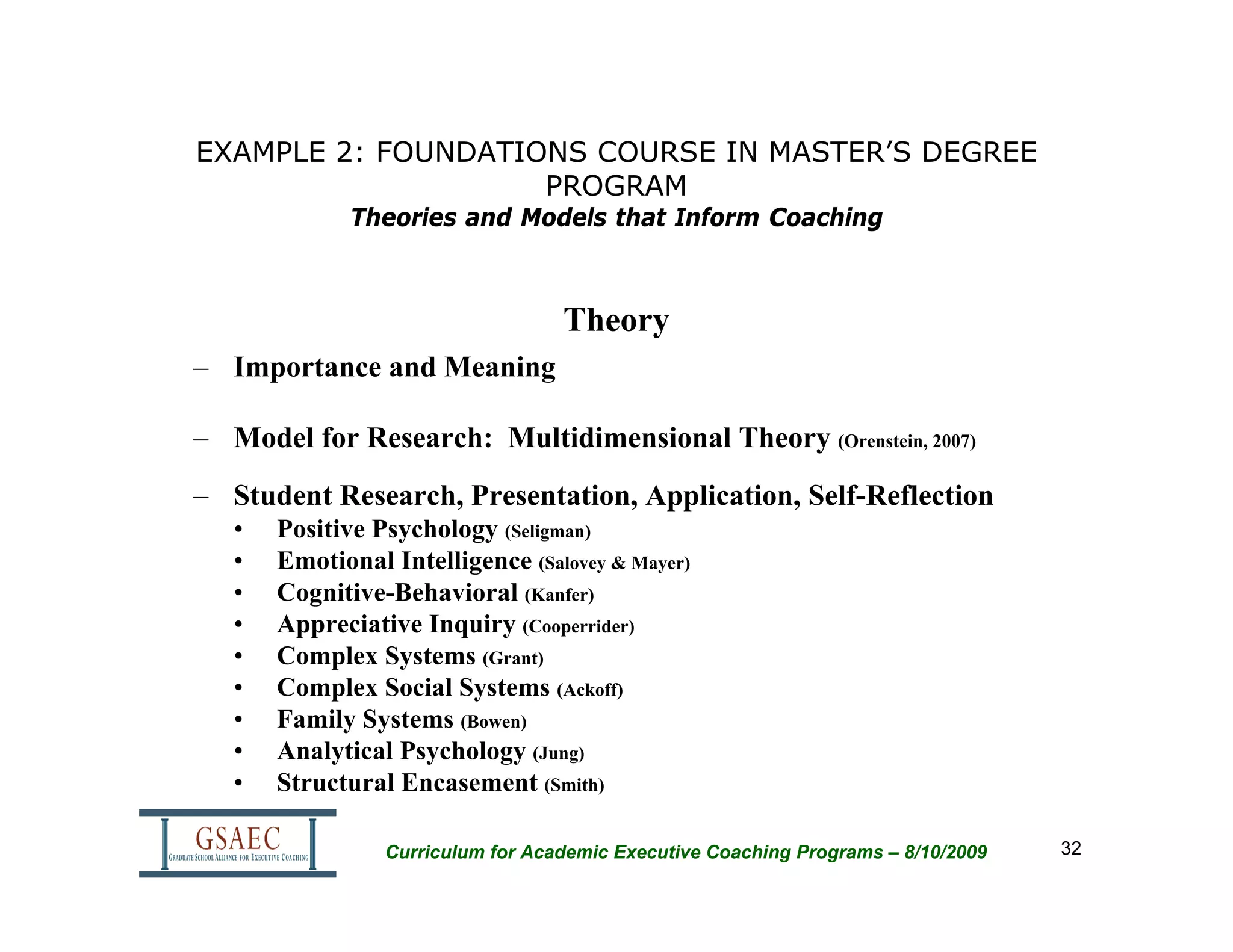 EXAMPLE 2: FOUNDATIONS COURSE IN MASTER’S DEGREE
                    PROGRAM
              Theories and Models that Inform Coaching



                                   Theory
– Importance and Meaning

– Model for Research: Multidimensional Theory (Orenstein, 2007)
– Student Research, Presentation, Application, Self-Reflection
   •   Positive Psychology (Seligman)
   •   Emotional Intelligence (Salovey & Mayer)
   •   Cognitive-Behavioral (Kanfer)
   •   Appreciative Inquiry (Cooperrider)
   •   Complex Systems (Grant)
   •   Complex Social Systems (Ackoff)
   •   Family Systems (Bowen)
   •   Analytical Psychology (Jung)
   •   Structural Encasement (Smith)

                 Curriculum for Academic Executive Coaching Programs – 8/10/2009   32
 