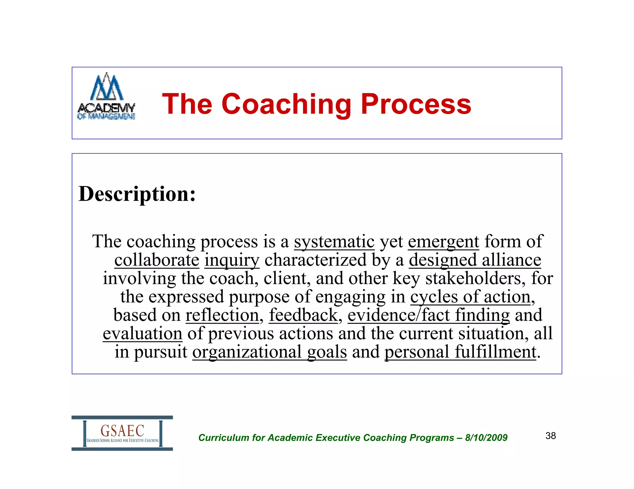 The Coaching Process


Description:

 The coaching process is a systematic yet emergent form of
    collaborate inquiry characterized by a designed alliance
  involving the coach, client, and other key stakeholders, for
     the expressed purpose of engaging in cycles of action,
    based on reflection, feedback, evidence/fact finding and
  evaluation of previous actions and the current situation, all
    in pursuit organizational goals and personal fulfillment.



               Curriculum for Academic Executive Coaching Programs – 8/10/2009   38
 