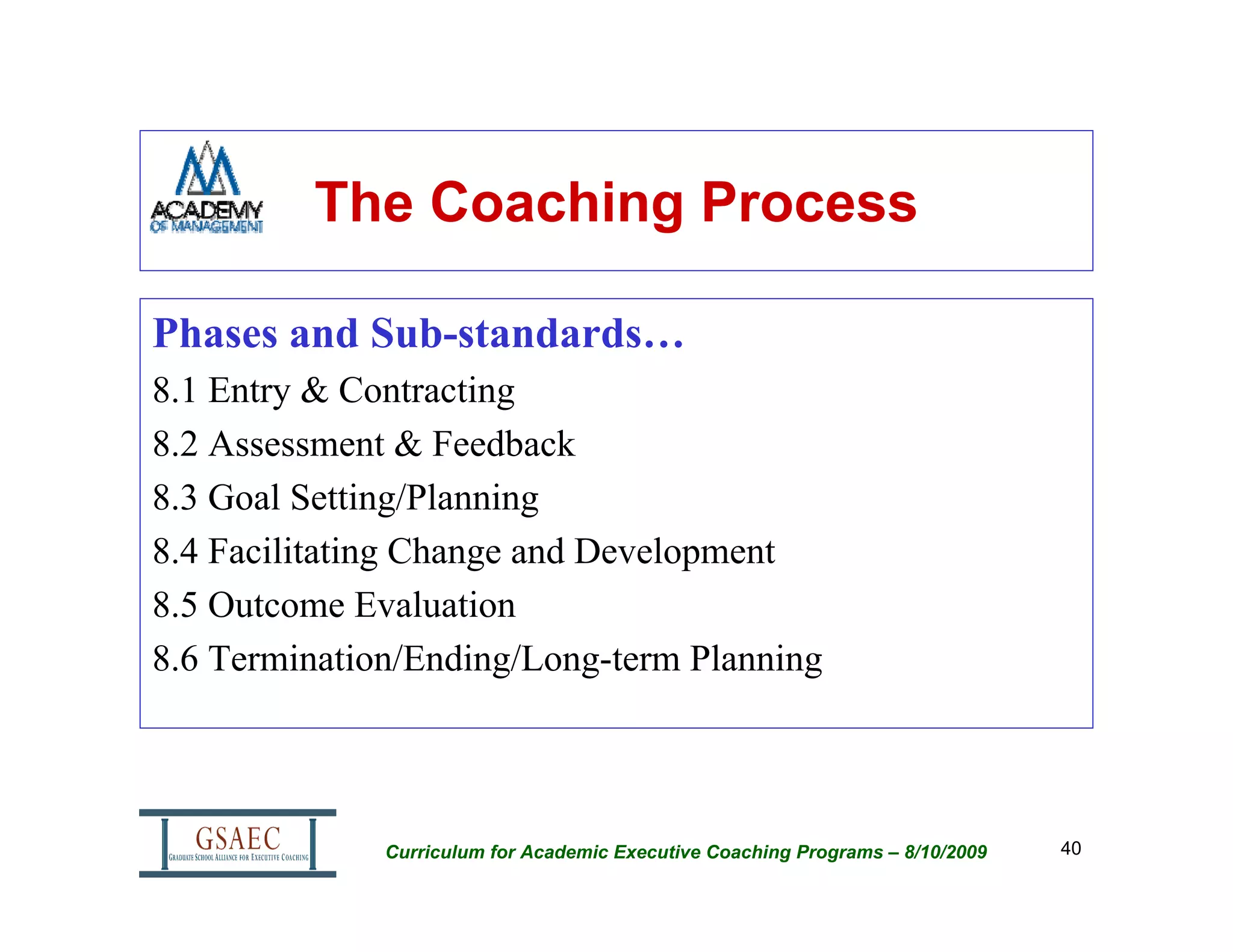 The Coaching Process

Phases and Sub-standards…
8.1 Entry & Contracting
8.2 Assessment & Feedback
8.3 Goal Setting/Planning
8.4 Facilitating Change and Development
8.5 Outcome Evaluation
8.6 Termination/Ending/Long-term Planning




              Curriculum for Academic Executive Coaching Programs – 8/10/2009   40
 