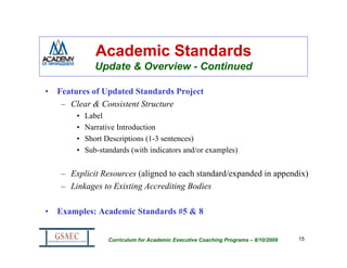Academic Standards
               Update & Overview - Continued

•   Features of Updated Standards Project
     – Clear & Consistent Structure
        •   Label
        •   Narrative Introduction
        •   Short Descriptions (1-3 sentences)
        •   Sub-standards (with indicators and/or examples)


    – Explicit Resources (aligned to each standard/expanded in appendix)
    – Linkages to Existing Accrediting Bodies

•   Examples: Academic Standards #5 & 8


                   Curriculum for Academic Executive Coaching Programs – 8/10/2009   15
 