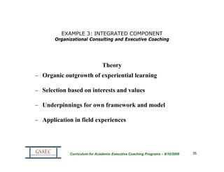 EXAMPLE 3: INTEGRATED COMPONENT
       Organizational Consulting and Executive Coaching




                               Theory
– Organic outgrowth of experiential learning

– Selection based on interests and values

– Underpinnings for own framework and model

– Application in field experiences




             Curriculum for Academic Executive Coaching Programs – 8/10/2009   35
 