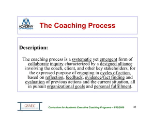The Coaching Process


Description:

 The coaching process is a systematic yet emergent form of
    collaborate inquiry characterized by a designed alliance
  involving the coach, client, and other key stakeholders, for
     the expressed purpose of engaging in cycles of action,
    based on reflection, feedback, evidence/fact finding and
  evaluation of previous actions and the current situation, all
    in pursuit organizational goals and personal fulfillment.



               Curriculum for Academic Executive Coaching Programs – 8/10/2009   38
 