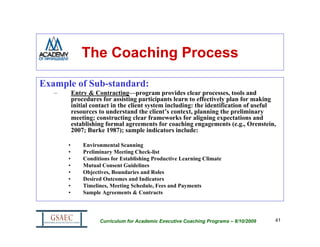 The Coaching Process

Example of Sub-standard:
   –       Entry & Contracting—program provides clear processes, tools and
           procedures for assisting participants learn to effectively plan for making
           initial contact in the client system including: the identification of useful
           resources to understand the client’s context, planning the preliminary
           meeting; constructing clear frameworks for aligning expectations and
           establishing formal agreements for coaching engagements (e.g., Orenstein,
           2007; Burke 1987); sample indicators include:

       •       Environmental Scanning
       •       Preliminary Meeting Check-list
       •       Conditions for Establishing Productive Learning Climate
       •       Mutual Consent Guidelines
       •       Objectives, Boundaries and Roles
       •       Desired Outcomes and Indicators
       •       Timelines, Meeting Schedule, Fees and Payments
       •       Sample Agreements & Contracts




                     Curriculum for Academic Executive Coaching Programs – 8/10/2009   41
 