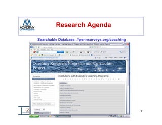 Research Agenda

Searchable Database: //pennsurveys.org/coaching




      Curriculum for Academic Executive Coaching Programs – 8/10/2009   7
 