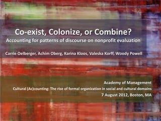 Co-exist, Colonize, or Combine?
Accounting for patterns of discourse on nonprofit evaluation

Carrie Oelberger, Achim Oberg, Karina Kloos, Valeska Korff, Woody Powell




                                                          Academy of Management
   Cultural (Ac)counting: The rise of formal organization in social and cultural domains
                                                         7 August 2012, Boston, MA
 