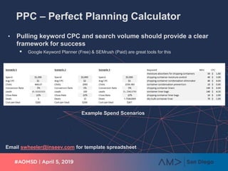 PPC – Perfect Planning Calculator
• Pulling keyword CPC and search volume should provide a clear
framework for success
 G...