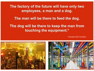 The factory of the future will have only two
employees, a man and a dog.
The man will be there to feed the dog.
The dog will be there to keep the man from
touching the equipment.*
*Autodesk CEO Carl Bass
 