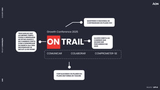 PROJETO
CONVENÇÃO
DEZEMBRO
2024
AON
Growth Conference 2025
ON TRAIL
COMUNICAR COLABORAR COMPROMETER-SE
TROCADILHO QUE
AO MESMO TEMPO
PASSA A MENSAGEM
DE ESTAR LIGADO E
NO CAMINHO CERTO,
COM A SONORIDADE
DA MARCA Aon SEM
NECESSIDADE DE
INCLUÍ-LA NO NOME
ALUSÃO DIRETA AO
CAMINHO QUE
DEVERÁ SER
PERCORRIDO EM
2025
MANTENDO O RACIONAL DE
CONTINUIDADE DO PLANO 3X3
FORTALECENDO OS PILARES DO
PLANO EM FORMA DE TAGLINE
 
