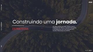 PROJETO
CONVENÇÃO
DEZEMBRO
2024
AON
ESTRATÉGIA
Construindo uma jornada.
DO PRÉ-EVENTO AO PÓS, VAMOS USAR O
CONCEITO DE TRILHA E PASSAR POR AÇÕES
E EXPERIÊNCIAS QUE FORTALEÇAM OS 3
PILARES PRINCIPAIS DO EVENTO.
 