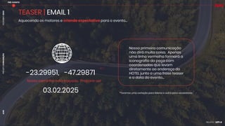 PROJETO
CONVENÇÃO
DEZEMBRO
2024
AON
TEASER | EMAIL 1
Aquecendo os motores e criando expectativa para o evento...
-23.29951, -47.29871
Nosso caminho está traçado. Prepare-se!
Nossa primeira comunicação
não dirá muita coisa. Apenas
uma linha vermelha formará a
iconografia da peça com
coordenadas que levam
diretamente ao endereço do
HOTEL junto a uma frase teaser
e a data do evento...
03.02.2025 *Teremos uma variação para líderes e outra para vendedores.
PRÉ-EVENTO
 