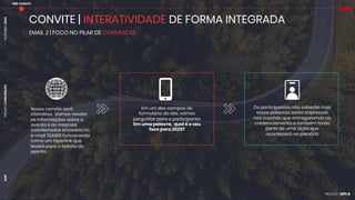 PROJETO
CONVENÇÃO
DEZEMBRO
2024
AON
EMAIL 2 | FOCO NO PILAR DE COMUNICAR
CONVITE | INTERATIVIDADE DE FORMA INTEGRADA
Nosso convite será
interativo. Vamos revelar
as informações sobre o
evento e as mesmas
coordenadas enviadas no
e-mail TEASER funcionarão
como um hiperlink que
levará para o hotsite do
evento.
Em um dos campos do
formulário do site, vamos
perguntar para o participante:
Em uma palavra, qual é o seu
foco para 2025?
Os participantes não saberão mas
essas palavras serão impressas
nos crachás que entregaremos no
credenciamento e também farão
parte de uma ação que
acontecerá na plenária
PRÉ-EVENTO
 