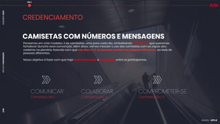 PROJETO
CONVENÇÃO
DEZEMBRO
2024
AON
CREDENCIAMENTO
Pensamos em criar modelos 3 de camisetas, uma para cada dia, simbolizando os 3 pilares que queremos
fortalecer durante essa convenção. Além disso, vamos mesclar o uso das camisetas com as capas das
cadeiras na plenária, fazendo com que nos dias 2 e 3, as pessoas sentem em lugares diferentes, ao lado de
pessoas diferentes.
Nosso objetivo é fazer com que haja maior interação e integração entre os participantes.
CAMISETAS COM NÚMEROS E MENSAGENS
COMUNICAR
Camiseta dia 1
COLABORAR
Camiseta dia 2
COMPROMETER-SE
Camiseta dia 3
DIA 1
 