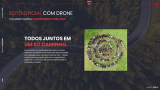 PROJETO
CONVENÇÃO
DEZEMBRO
2024
AON
FOTO OFICIAL COM DRONE
FECHANDO NOSSO COMPROMISSO PARA 2025
Levaremos os participantes para a área
externa do Hotel onde teremos demarcado
um espaço que forma a marca Aon. Todos
serão posicionados em seus respectivos
lugares e uma foto de drone será tirada e
enviada a todos.
TODOS JUNTOS EM
UM SÓ CAMINHO.
DIA 3
 