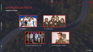 PROJETO
CONVENÇÃO
DEZEMBRO
2024
AON
ATRAÇÃO DA FESTA
+ opções de artistas
DIA 3
Araketu
Banda Eclética | Jim Pop
Falamansa
Gilmelândia e Banda
 