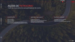 PROJETO
CONVENÇÃO
DEZEMBRO
2024
AON
• LOGO NO TEASER
• LOGO NO CONVITE
• LOGO NO HOTSITE
• LOGO NOS EMAILS DE REFORÇO E DE AGRADECIMENTO
• LOGO NO APP OU COMUNICAÇÕES DURANTE O EVENTO
COMUNICAÇÕES
Trazendo os parceiros Aon para participarem do evento
PATROCÍNIOS
AÇÕES DE PATROCÍNIO
• FLYER NA SACOLA DO KIT
• BRINDE DE CHEGADA (DENTRO DA SACOLA)
• VINHETA LED DO CREDENCIAMENTO
• BANNER/COMUNICAÇÃO NO FOYER
RECEPTIVO + WELCOME KIT
• PATROCÍNIO DOS PALESTRANTES
• PATROCÍNIO DAS BANDAS
• VINHETAS PATROCINADOR ENTRE PALESTRAS
PALESTRAS E ATRAÇÕES
 