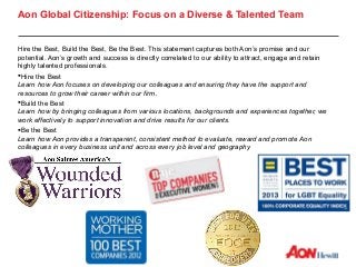 Aon Global Citizenship: Focus on a Diverse & Talented Team


Hire the Best, Build the Best, Be the Best. This statement captures both Aon’s promise and our
potential. Aon’s growth and success is directly correlated to our ability to attract, engage and retain
highly talented professionals.
Hire the Best
Learn how Aon focuses on developing our colleagues and ensuring they have the support and
resources to grow their career within our firm.
Build the Best
Learn how by bringing colleagues from various locations, backgrounds and experiences together, we
work effectively to support innovation and drive results for our clients.
Be the Best
Learn how Aon provides a transparent, consistent method to evaluate, reward and promote Aon
colleagues in every business unit and across every job level and geography




                                                                            1
 