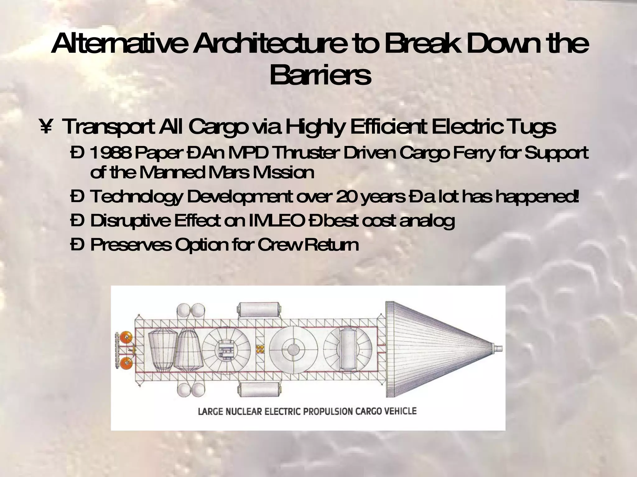 Alternative Architecture to Break Down the Barriers Transport All Cargo via Highly Efficient Electric Tugs 1988 Paper – An MPD Thruster Driven Cargo Ferry for Support of the Manned Mars Mission Technology Development over 20 years – a lot has happened! Disruptive Effect on IMLEO – best cost analog Preserves Option for Crew Return  