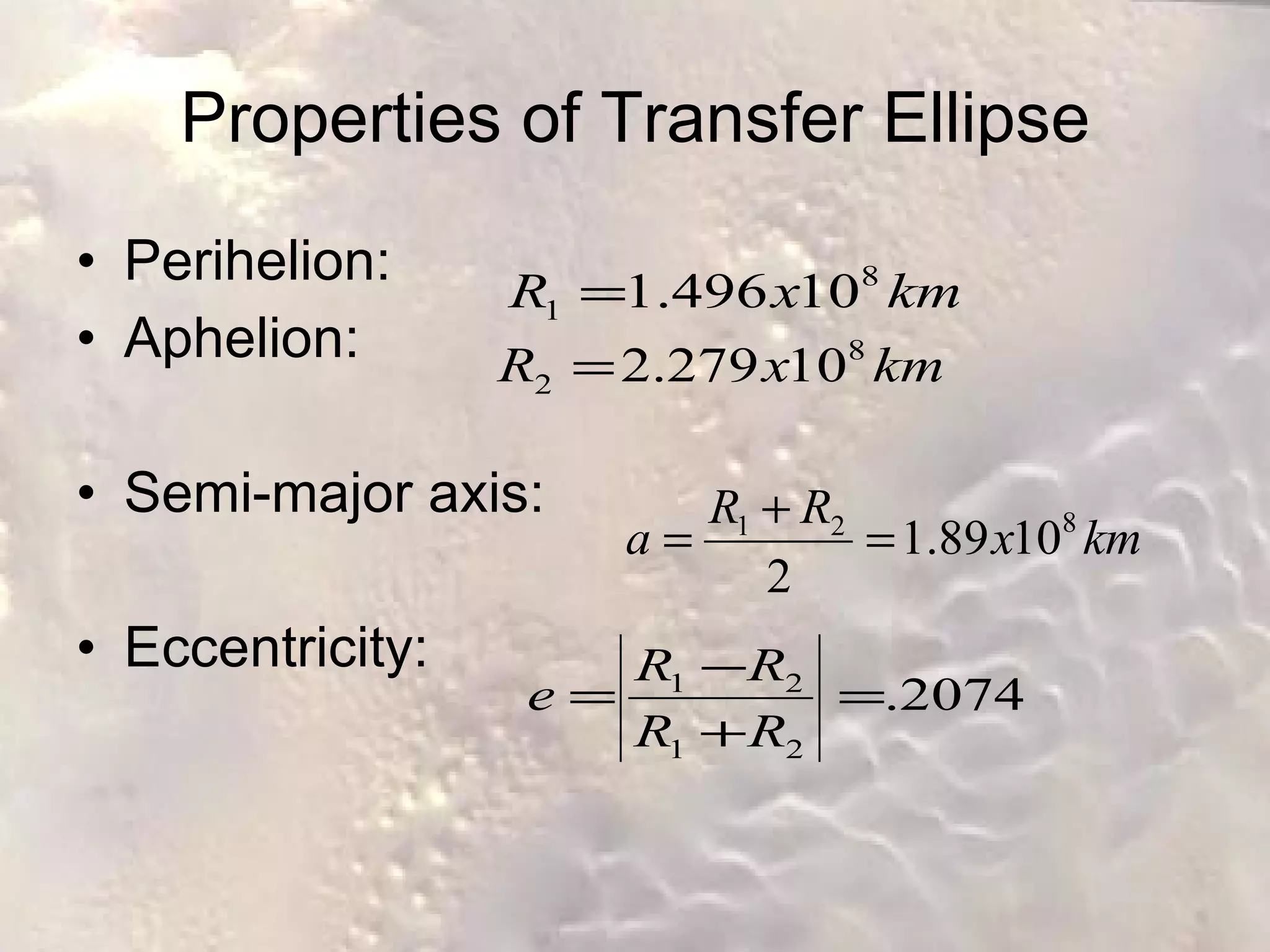 Properties of Transfer Ellipse Perihelion: Aphelion: Semi-major axis: Eccentricity: 