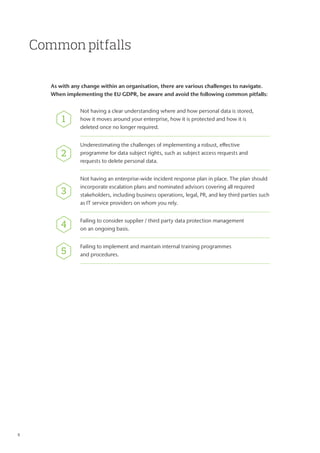 Common pitfalls
As with any change within an organisation, there are various challenges to navigate.
When implementing the EU GDPR, be aware and avoid the following common pitfalls:
Not having a clear understanding where and how personal data is stored,
how it moves around your enterprise, how it is protected and how it is
deleted once no longer required.
Underestimating the challenges of implementing a robust, effective
programme for data subject rights, such as subject access requests and
requests to delete personal data.
Not having an enterprise-wide incident response plan in place. The plan should
incorporate escalation plans and nominated advisors covering all required
stakeholders, including business operations, legal, PR, and key third parties such
as IT service providers on whom you rely.
Failing to consider supplier / third party data protection management
on an ongoing basis.
Failing to implement and maintain internal training programmes
and procedures.
1
2
3
4
5
5	
 